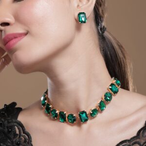 18K Gold Plated Crystal Emerald Studded Statement Necklace Set - Green