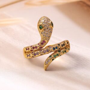 18K Gold Plated Multi-Stone & Cubic Zirconia Studded Snake Motif Adjustable Finger Ring - Multicolor