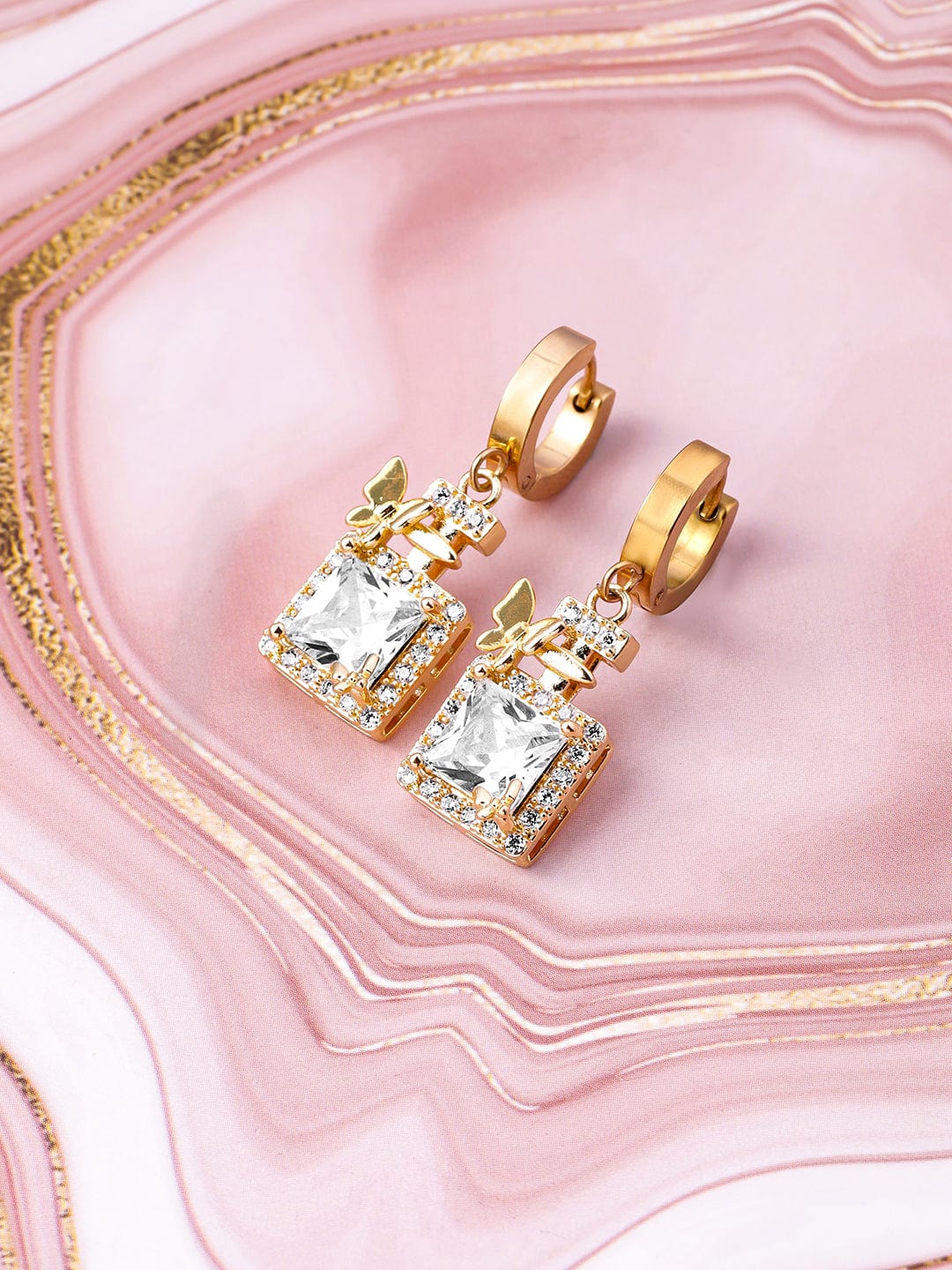 18K Gold Plated Stainless Steel Tarnish free Waterproof CZ Studded Butterfly Drop Earring - Gold