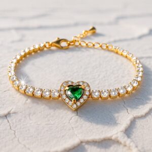 18K Gold-Plated Stainless Steel Tarnish-Free Waterproof Emerald & CZ Heart Bracelet - Gold