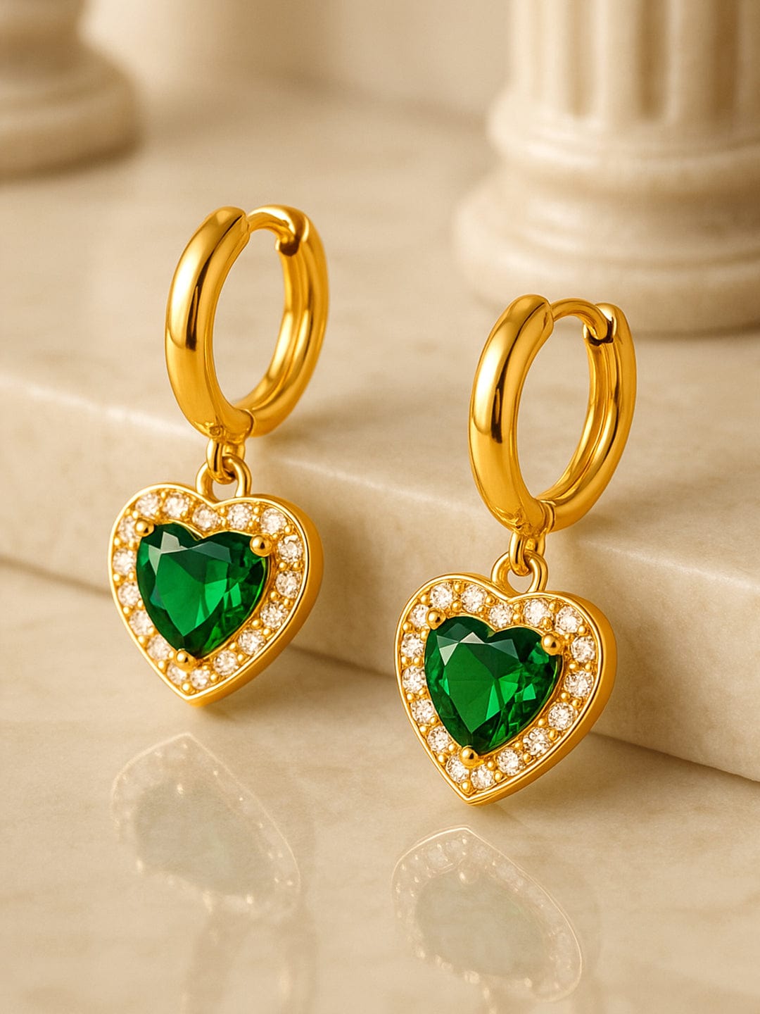 18K Gold Plated Stainless Steel Tarnish-Free Waterproof Emerald CZ Studded Drop Earrings - Gold