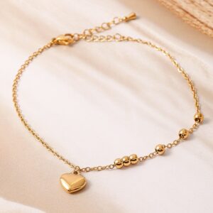18K Gold Plated Stainless Steel Tarnish-Free Waterproof Demi-Fine Heart Anklet - Gold