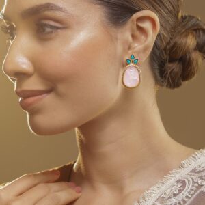 18K Gold Plated Turquoise Blue & Pale Pink Stone Drop Earrings with Golden Outline - Gold