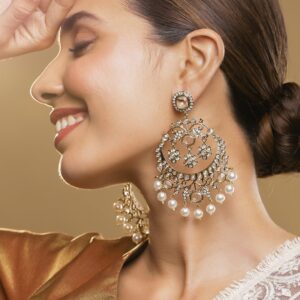 18K Light Gold Tone Plated Cubic Zirconia Studded Chandbali Earrings with Pearl Accents - Gold