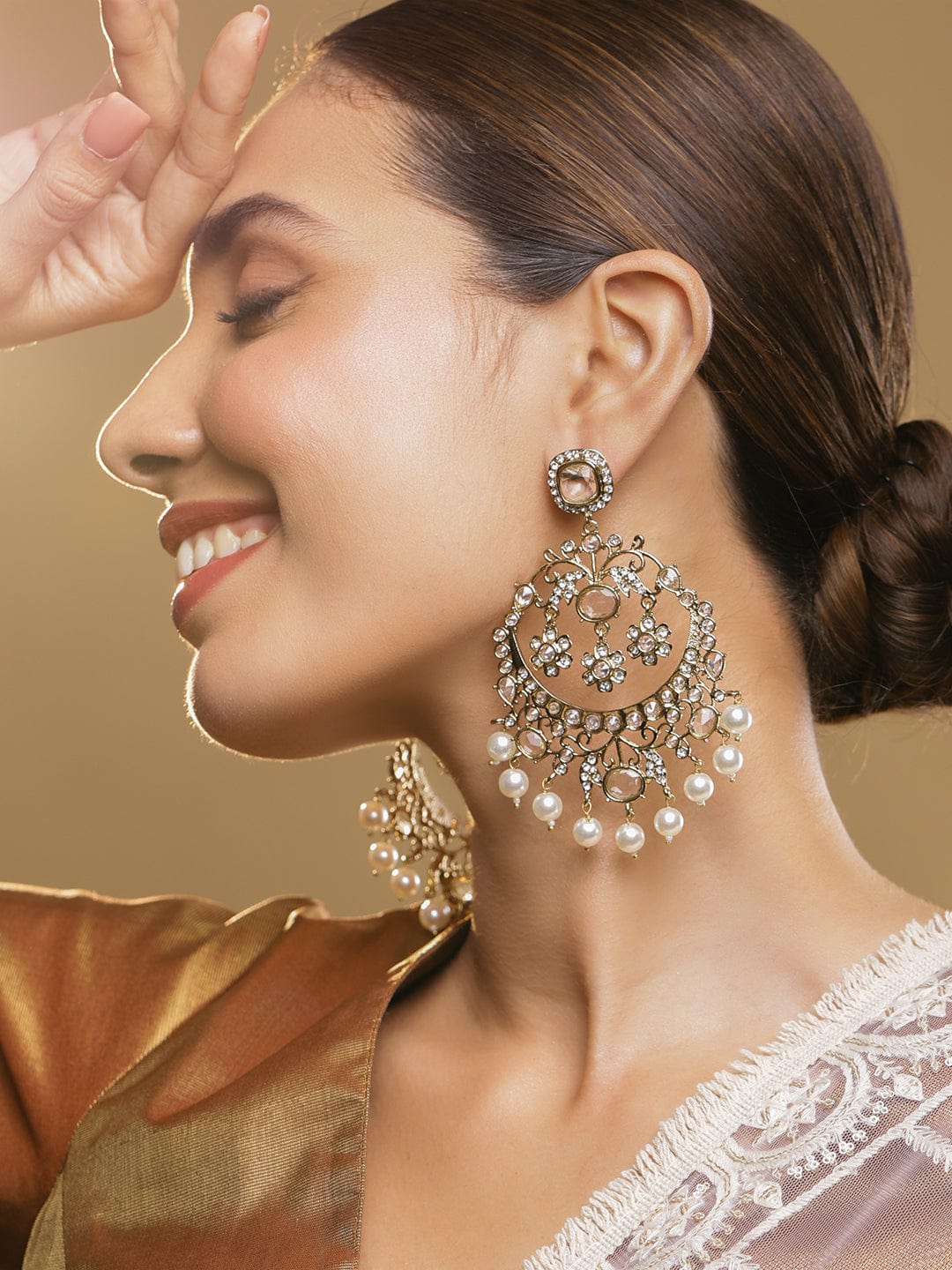 18K Light Gold Tone Plated Cubic Zirconia Studded Chandbali Earrings with Pearl Accents - Gold