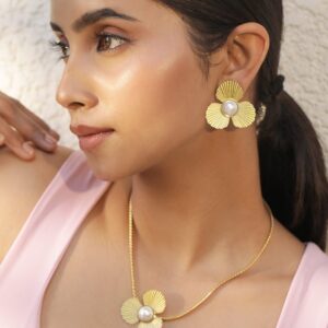 18KT Gold Plated Stainless Steel Tarnish Free Waterproof Demi-Fine Floral Necklace Set - Gold