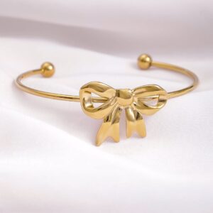 18KT Gold Plated Stainless Steel Tarnish-Free Waterproof Bowknot Cuff Bracelet - Gold