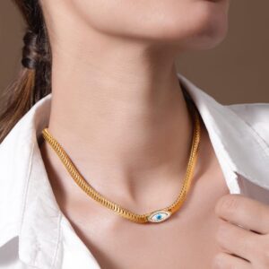 18KT Gold Plated Stainless Steel Tarnish-Free Waterproof Evil Eye Charm Necklace - Gold
