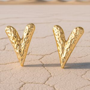 18KT Gold Plated Stainless Steel Tarnish-Free Waterproof Textured V-Shape Stud Earrings - Gold