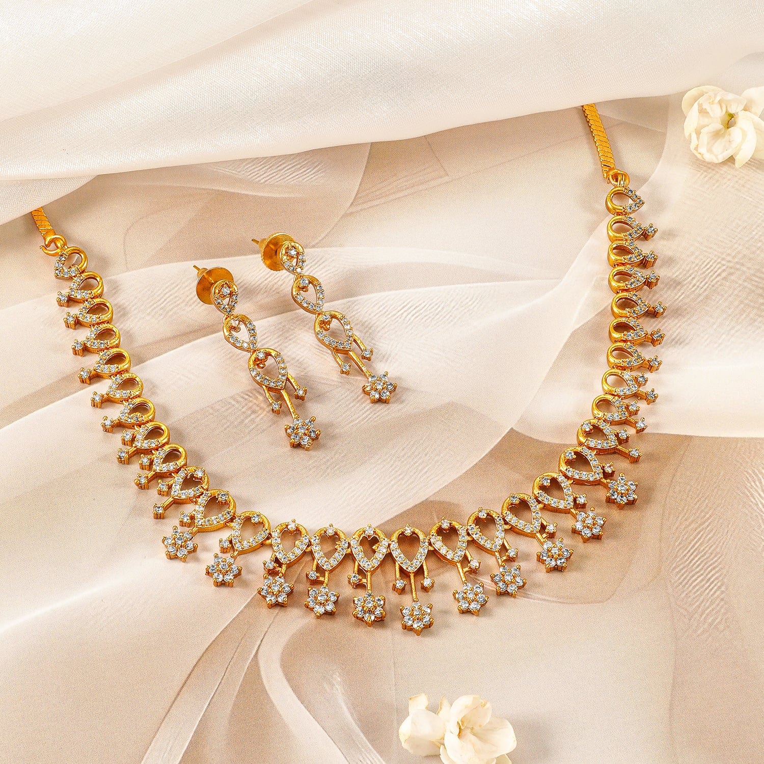 22K Gold-Plated Cubic Zirconia Studded Flower Motif Necklace Set - Gold