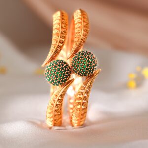 Set of 2 22K Gold-Plated Emerald Green Stone Studded Traditional Handcrafted Bangle - 2.1