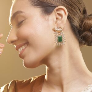22K Gold Plated Emerald & Zirconia Studded Tiger Motif Statement Drop Earrings - Gold