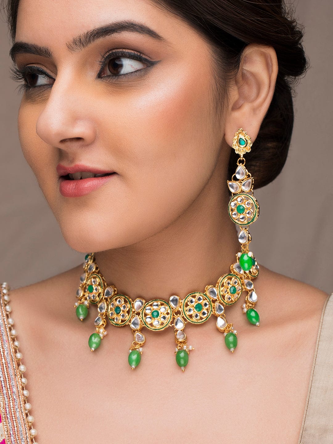 22K Gold-Plated Green & White Beaded Kundan Studded Choker Jewellery Set - Gold