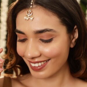 22K Gold plated Jadu Polki Pearl beaded Chand motif sleek Maangtikka - Gold