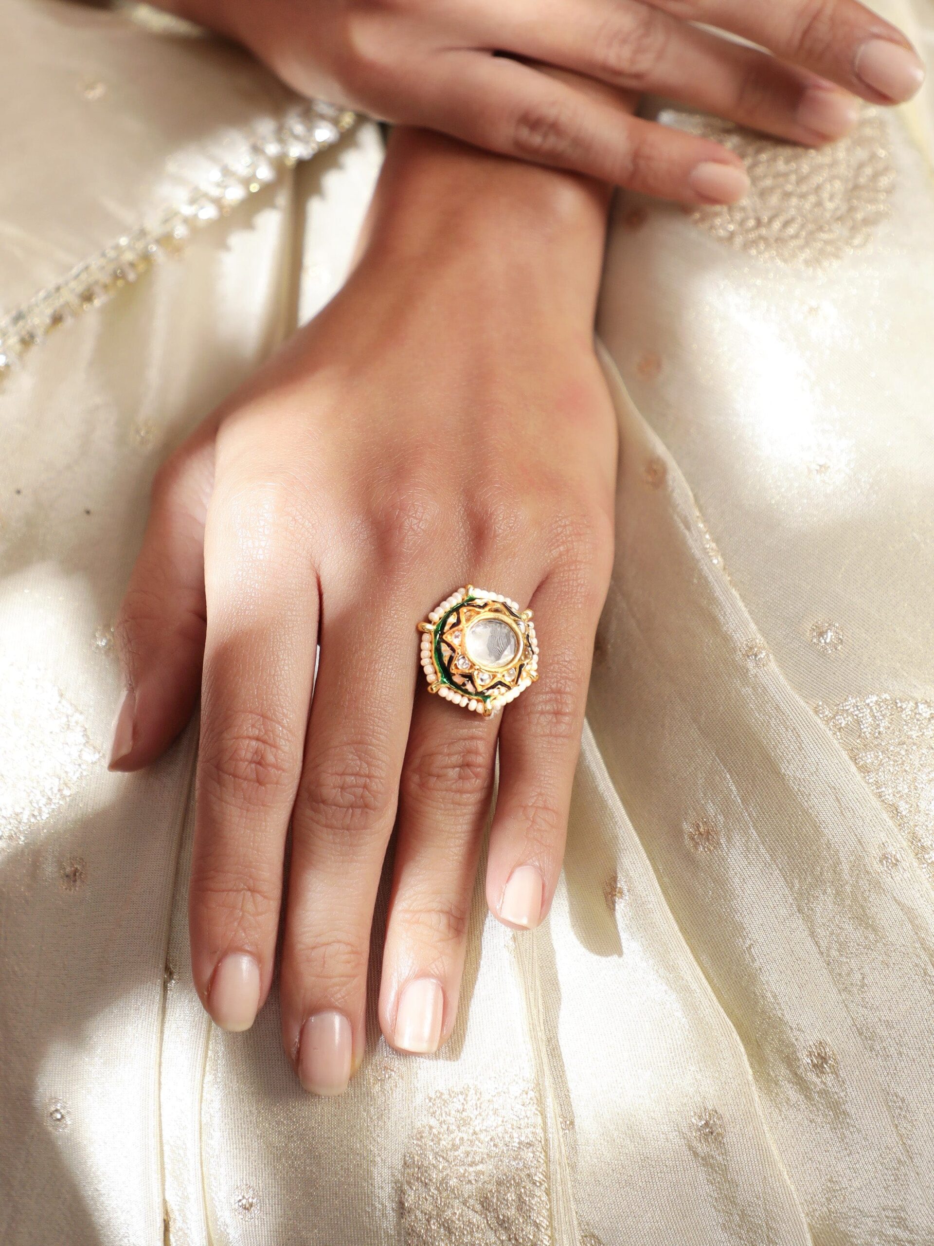 22K Gold plated kundan crystal studded pearl detailed regal sleek ring - Gold