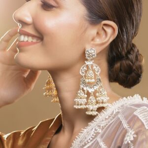 22K Gold Plated Kundan Pearl Chandelier Earrings - Gold