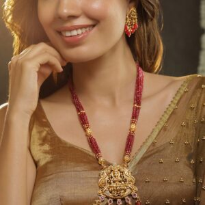 22K Gold Plated Lakshmi Motif CZ Studded Ruby & Beaded Multistrand Temple Jewelry Set - Blue