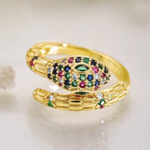 22K Gold Plated Multicolor Cubic Zirconia Studded Snake Motif Adjustable Finger Ring - Gold