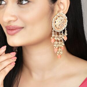 22K Gold-Plated Peach & White Beaded Pearl and AD Studded Dangle Earrings - Gold