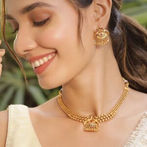 22K Gold Plated Red Ruby Stone Studded Peacock Shape Necklace Set - Gold