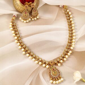 22K Gold-Plated Ruby & Emerald Kundan and CZ Studded Jewellery Set with Pearl Beads - Gold