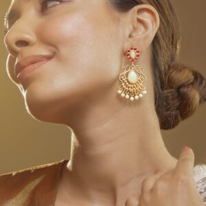 22K Gold Plated Ruby & Light Green Stone Studded with Pearl Accents Floral Motif Chandbali - Gold