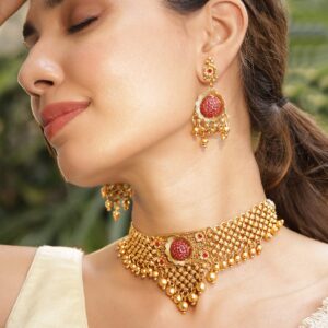 22K Gold Plated Ruby Stone Studded with Gold Beads Choker Set - Brass / Gold