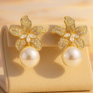 22K Gold Plated Sparkling AD & Cubic Zirconia Studded Floral Motif Pearl Drop Earrings - Gold Plated