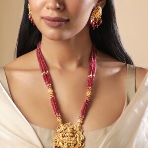 22K Gold plated Striking Ruby Red Beaded handcrafted Temple Necklace Set - Gold::Red