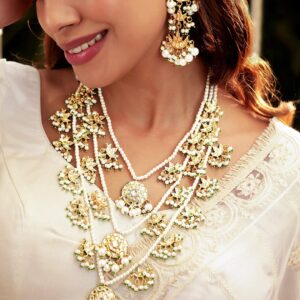 22k Gold plated triple layer pearl beaded kundan studded Jewellery Set - Gold