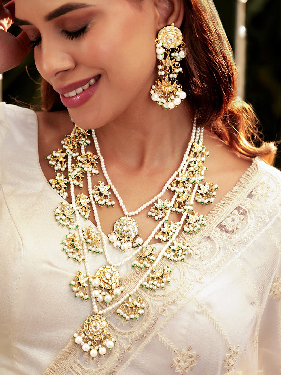 22k Gold plated triple layer pearl beaded kundan studded Jewellery Set - Gold