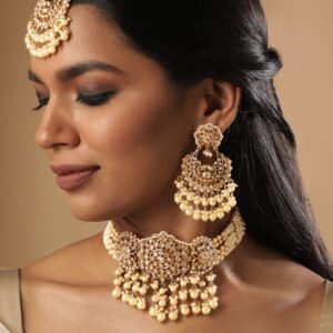 22K Mehndi Gold plated Captivating Reverse AD & Kundan Choker Necklace set with Pearls Beads Accents - Gold