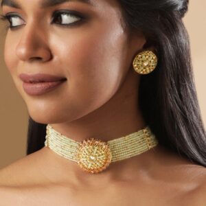 22k mehndi Gold plated Dazzling Reverse AD Mint blue beaded Choker Set - Gold::Green