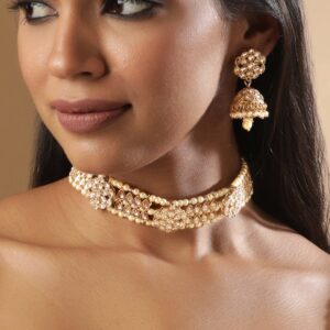 22k Mehndi Gold Plated Dazzling Reverse AD Pearl Beaded Choker Set - Gold