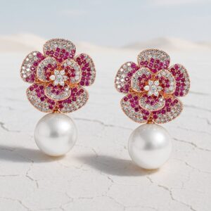 22K Rose Gold-Plated Ruby Pink AD & Cubic Zirconia Studded Floral Pearl Drop Earrings - Rose Gold
