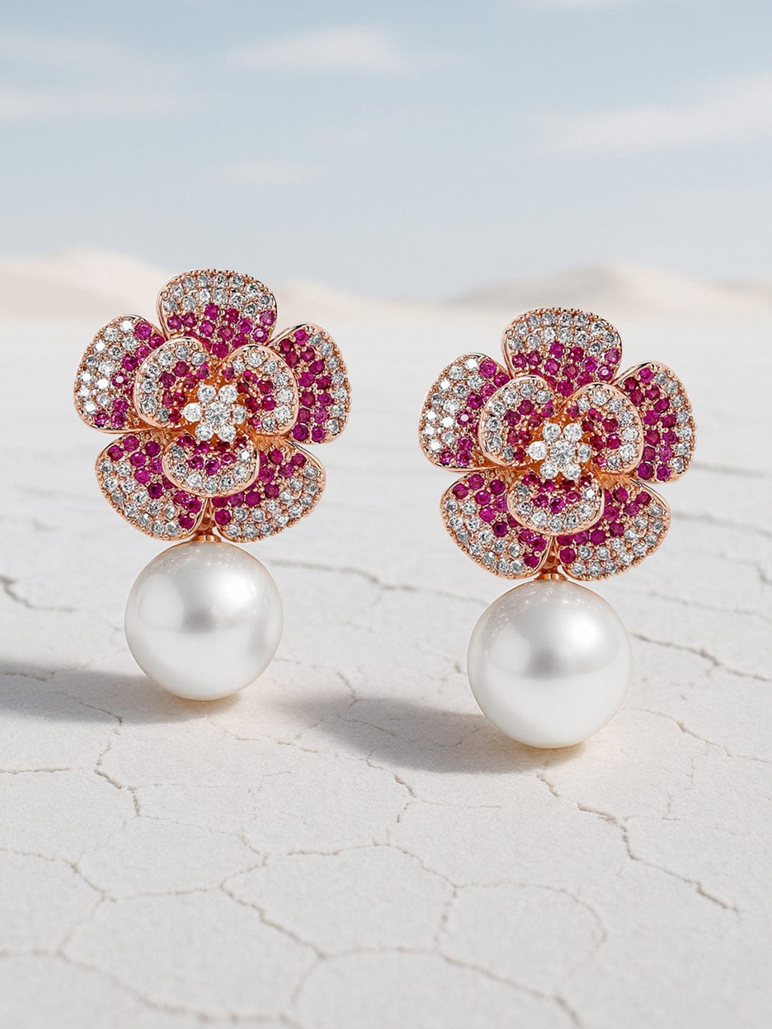 22K Rose Gold-Plated Ruby Pink AD & Cubic Zirconia Studded Floral Pearl Drop Earrings - Rose Gold