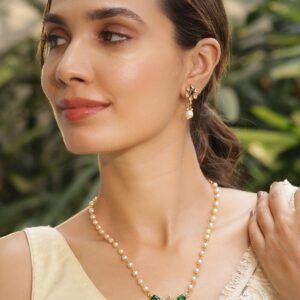 22KT Gold Plated Brass Emerald Stone Studded Beaded Pendant Set - Green