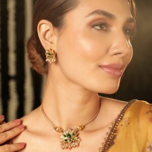 22KT Gold Plated Brass Emerald Studded Jewellery Set - Green