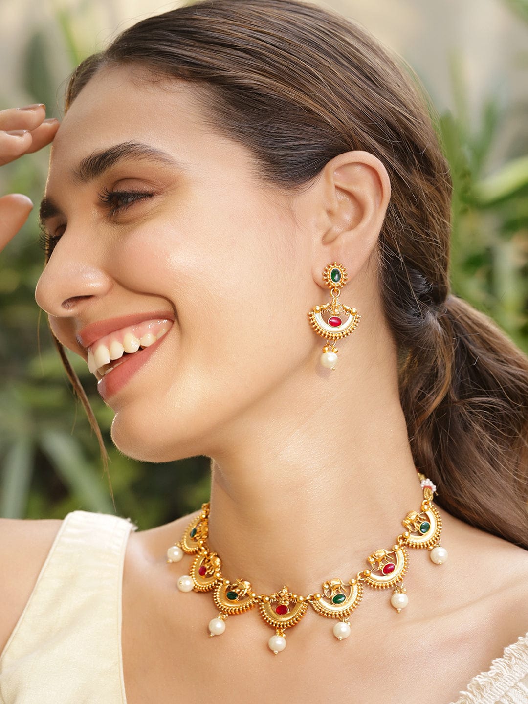 22KT Gold Plated Brass Red And Green Stone Studded Pearls Hanging Jewellery Set - Gold