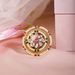 22K Gold Plated Premium Multicolor Kundan Beaded Round Shape Adjustable Finger Ring - Gold