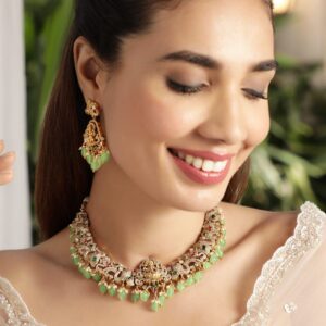 22KT Gold-Plated Cubic Zirconia-Studded Beaded Necklace and Earrings - Green