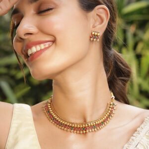 22KT Gold Plated Stone Studded Jewellery Set - Ruby Red