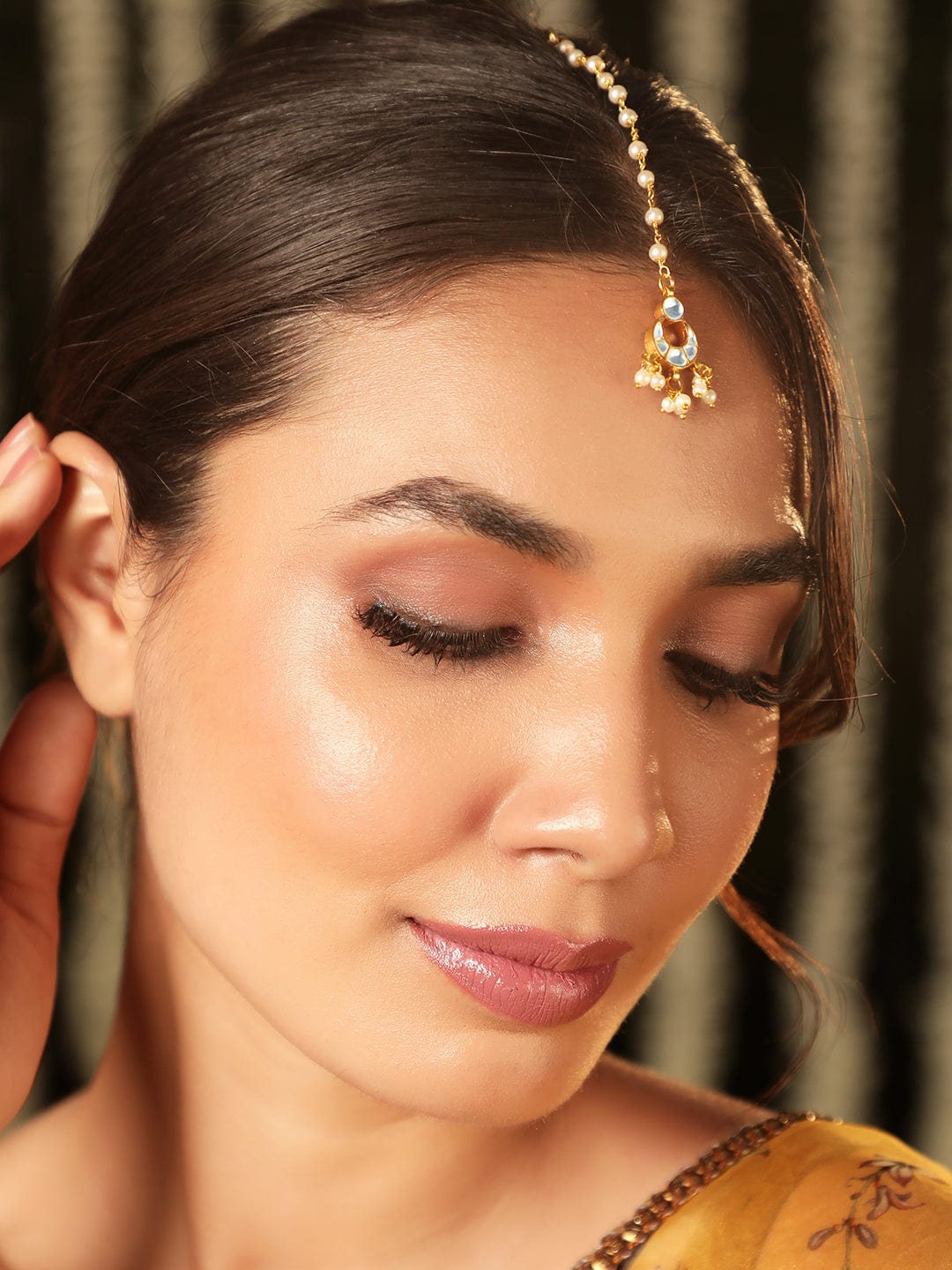 22K Gold-Plated Kundan Studded Handcrafted Maang Tikka with Pearl Beaded Chain - Gold