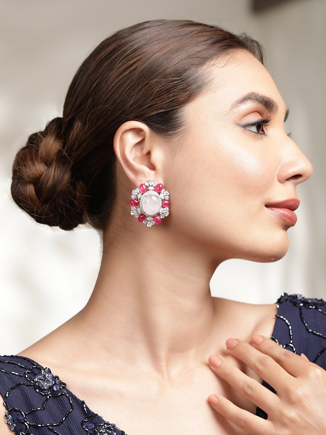 Ethereal Elegance AD-Studded Silver-Tone Demi-Fine Ear Adornments - Pink