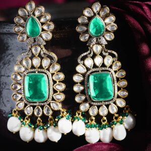 Exquisite Gold-Plated Kundan and Emerald Dangle Earrings