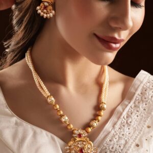 Gold-Colored Pendant Necklace Set with White Beads and Small Stones - Gold::White