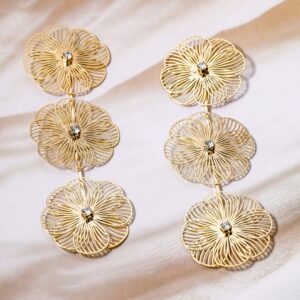 Gold-Plated Floral Drop Earrings with Crystal Accents - Gold