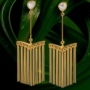 Gold-Plated Fringe Drop Earrings with Teardrop Crystal Studs - Gold