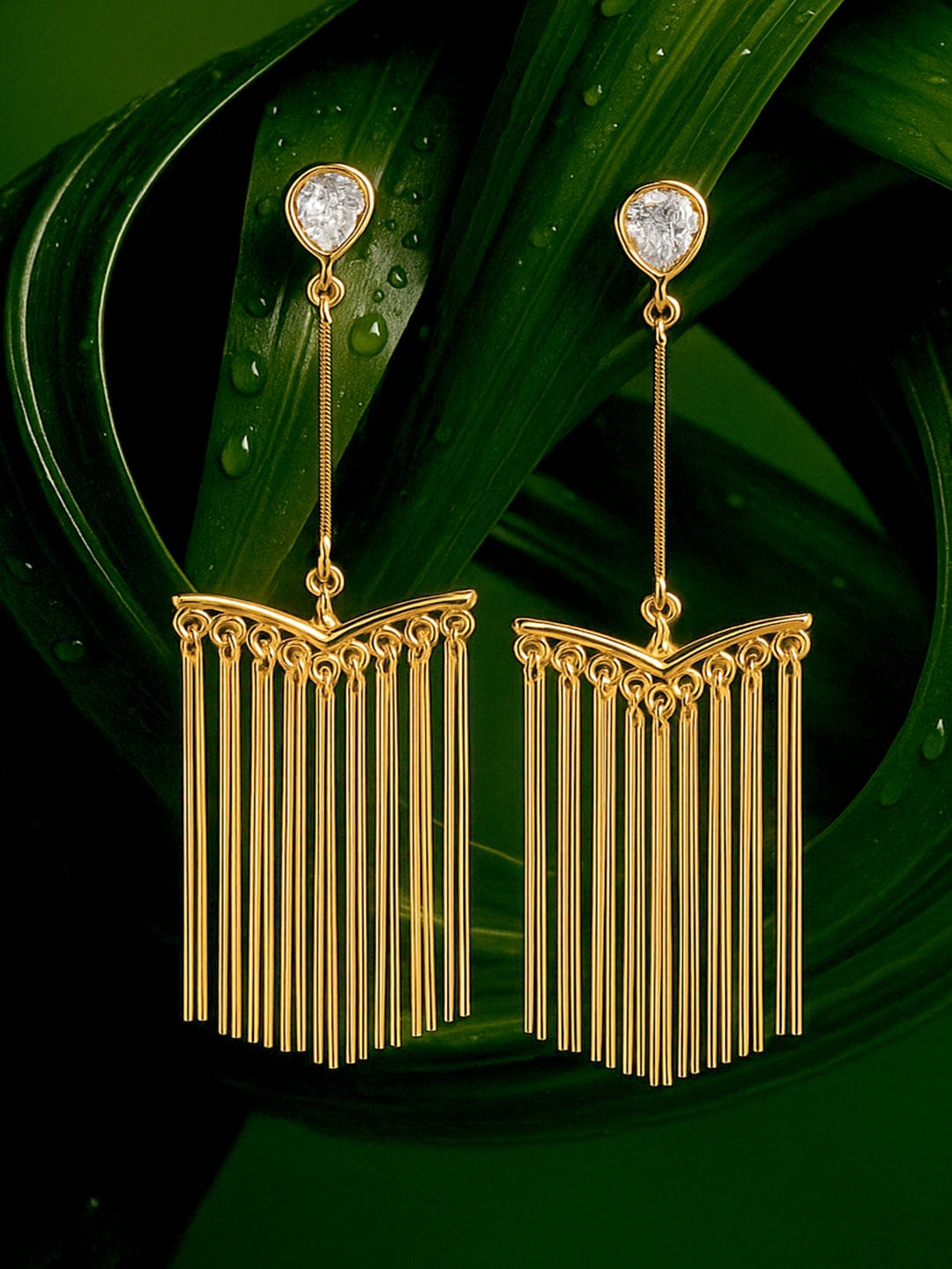 Gold-Plated Fringe Drop Earrings with Teardrop Crystal Studs - Gold