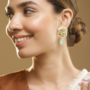 Gold Plated Kundan White & Blue Beads Stud Earrings - Blue